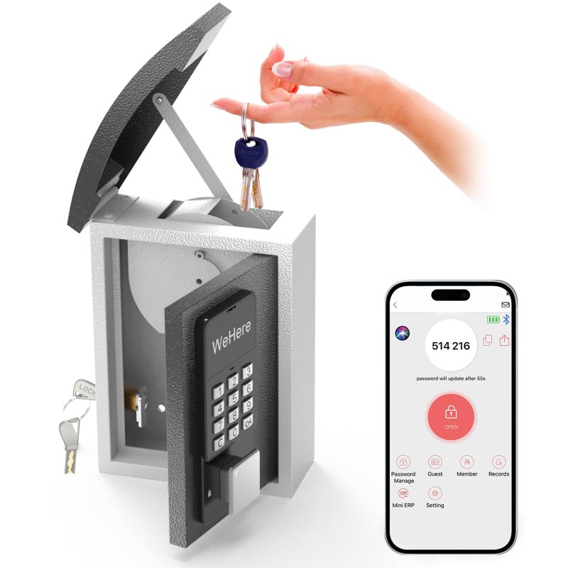 صندوق قفل مفتاح WeHere مثبت على الحائط مع فتحة قطرة مفتاح، صندوق قفل رقمي ذكي OTP/APP بلوتوث/واي فاي/رمز ثابت/مفتاح فتح مفتاح تخزين آمن وآمن للمنزل خارج متجر شقق الأعمال العقارية - Image 1